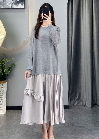 Diy Grey Ruffled Patchwork Knit Dresses Winter