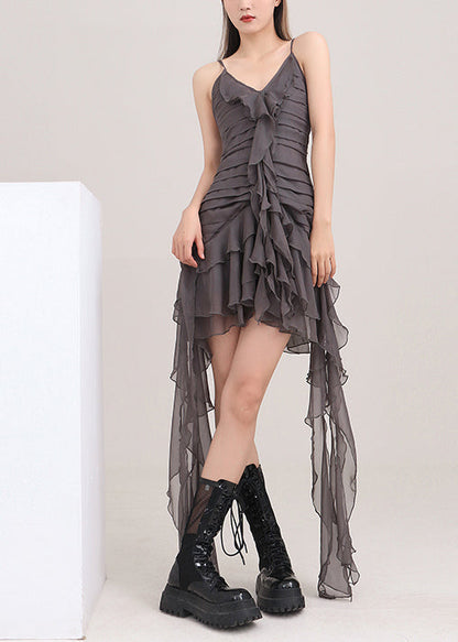 Diy Grey V Neck Asymmetrical Design Chiffon Sundress Sleeveless