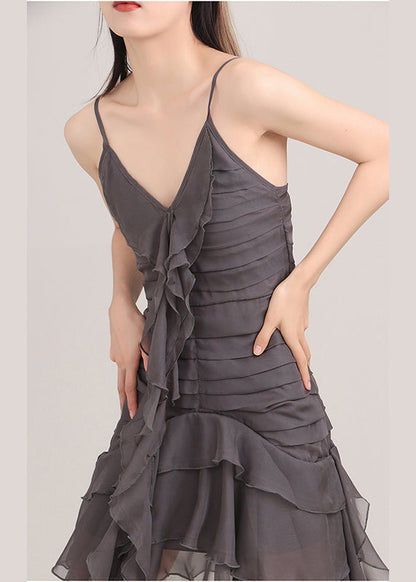 Diy Grey V Neck Asymmetrical Design Chiffon Sundress Sleeveless