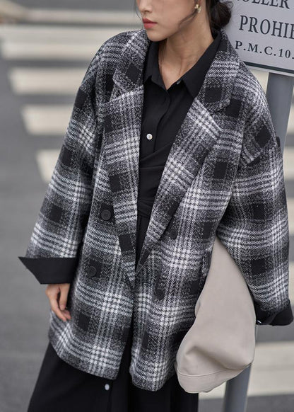 Diy Notched Double Breast Wool Coat Black Plaid Short Jackets