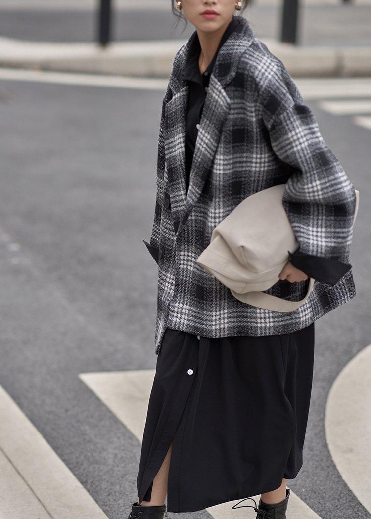 Diy Notched Double Breast Wool Coat Black Plaid Short Jackets