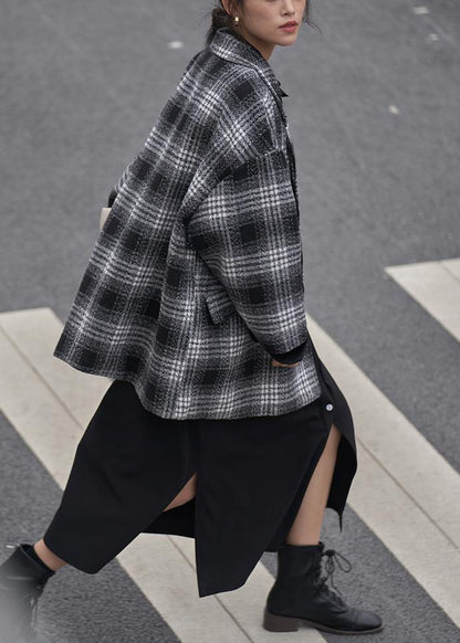 Diy Notched Double Breast Wool Coat Black Plaid Short Jackets