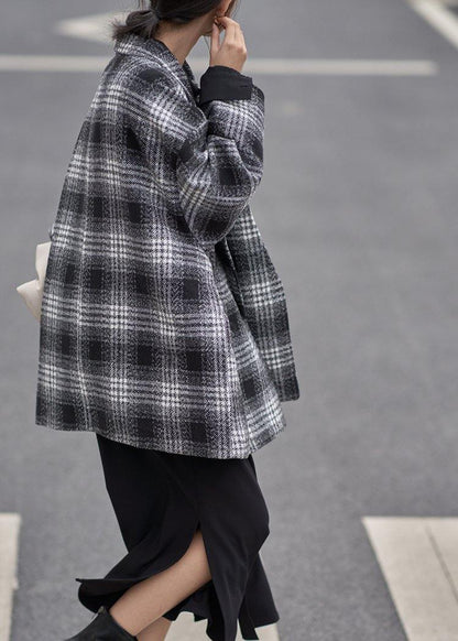 Diy Notched Double Breast Wool Coat Black Plaid Short Jackets