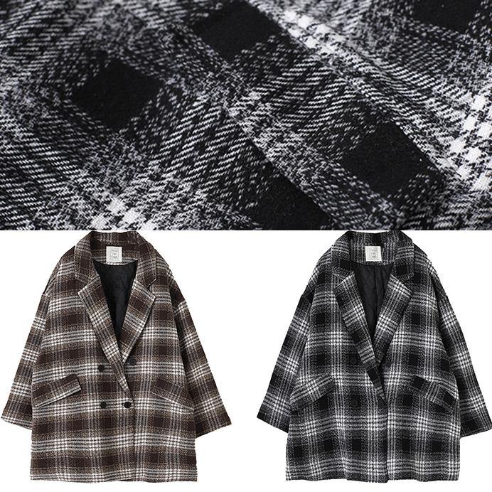 Diy Notched Double Breast Wool Coat Black Plaid Short Jackets