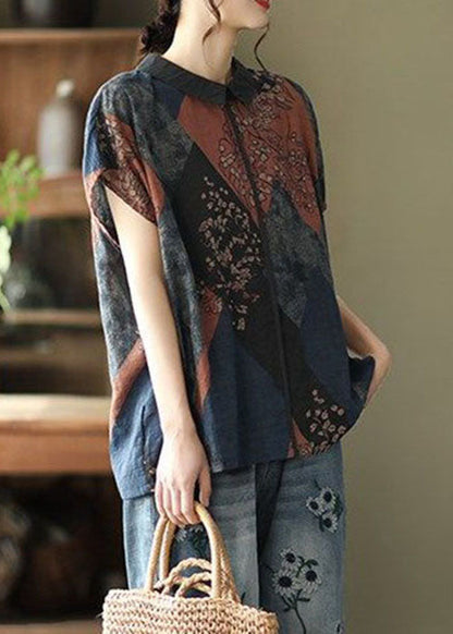 Diy Peter Pan Collar Print Linen Blouse Tops Short Sleeve