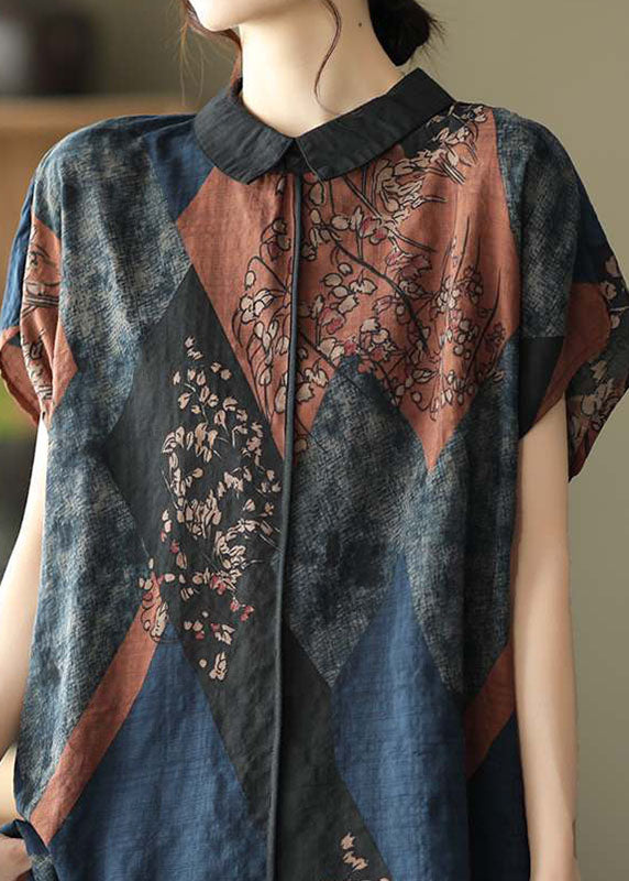 Diy Peter Pan Collar Print Linen Blouse Tops Short Sleeve