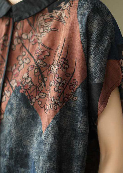 Diy Peter Pan Collar Print Linen Blouse Tops Short Sleeve