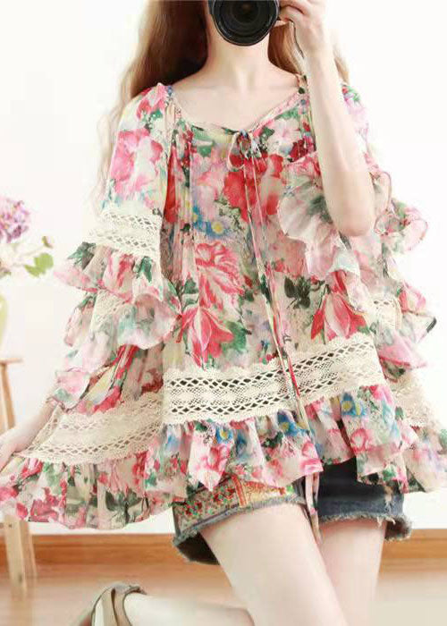 Diy Print Lace Chiffon Blouses Flare Sleeve