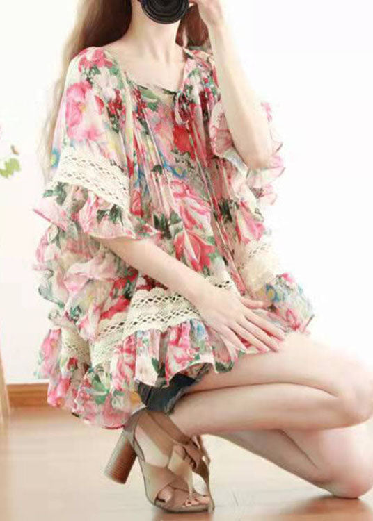 Diy Print Lace Chiffon Blouses Flare Sleeve