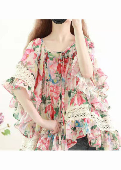 Diy Print Lace Chiffon Blouses Flare Sleeve