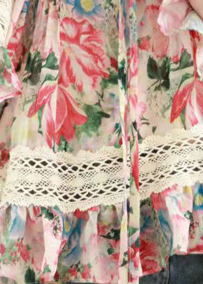 Diy Print Lace Chiffon Blouses Flare Sleeve