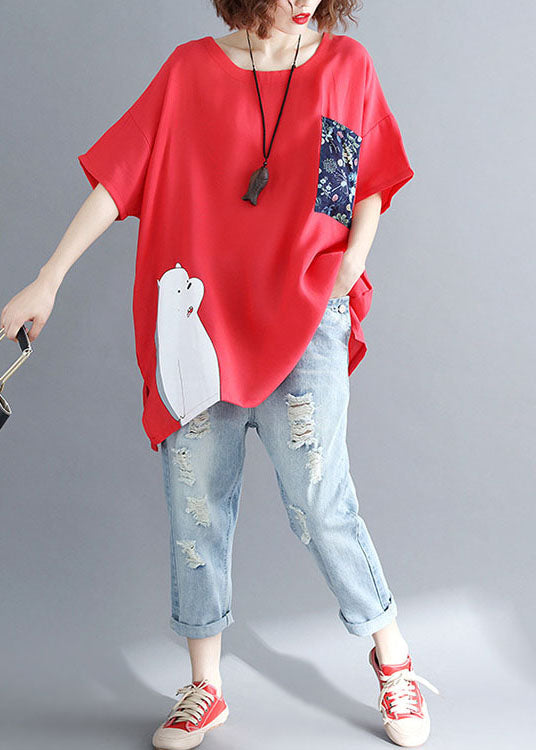 Diy Red O-neck Print Fall Animal Half Sleeve Shirt Top