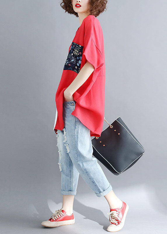Diy Red O-neck Print Fall Animal Half Sleeve Shirt Top