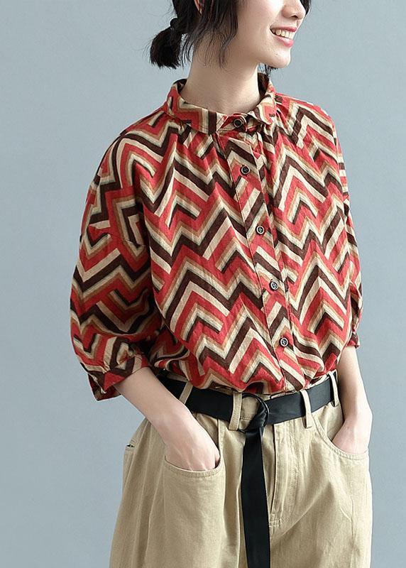 Diy Red Print Button Fall Shirt Top Three Quarter Sleeve