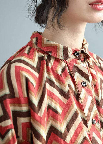 diy Red Print Button Fall Shirt Top Three Quarter Sleeve