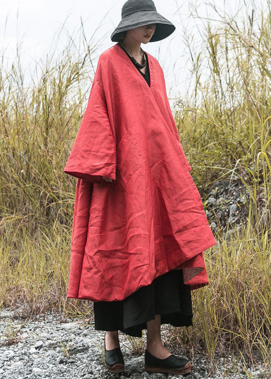 Diy Red V Neck Pockets Fine Cotton Filled Loose Winter Coat