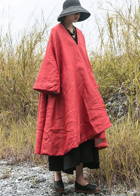 Diy Red V Neck Pockets Fine Cotton Filled Loose Winter Coat