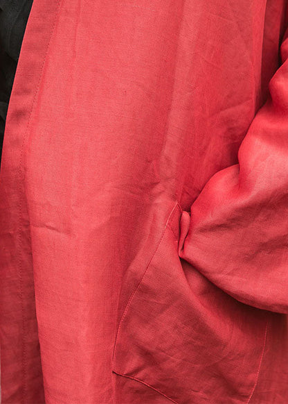Diy Red V Neck Pockets Fine Cotton Filled Loose Winter Coat