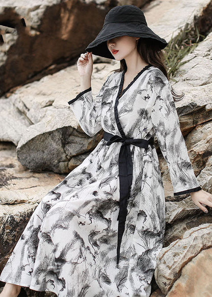 Diy White V Neck Ruffled Print Maxi Dress Long Sleeve
