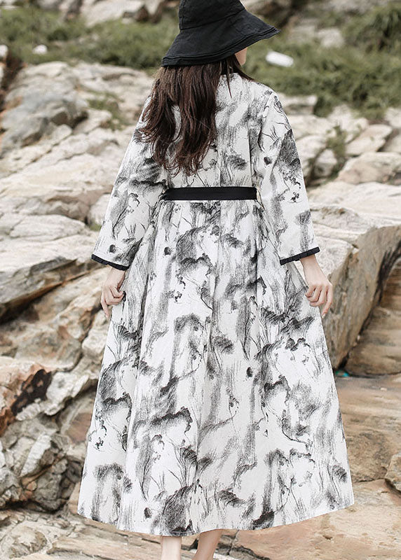 Diy White V Neck Ruffled Print Maxi Dress Long Sleeve
