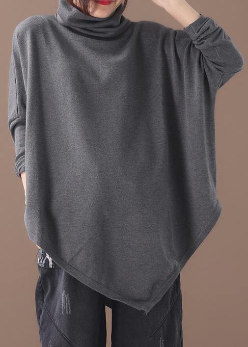 Diy Asymmetric Hem Cotton High Neck Shirts Work Gray Blouse