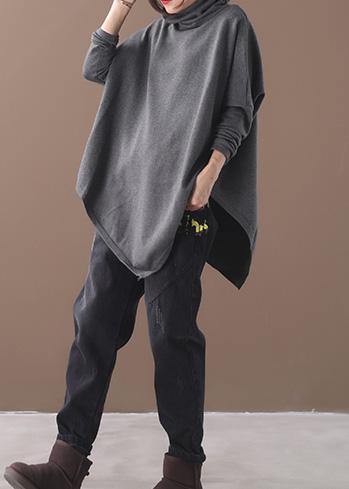 Diy Asymmetric Hem Cotton High Neck Shirts Work Gray Blouse