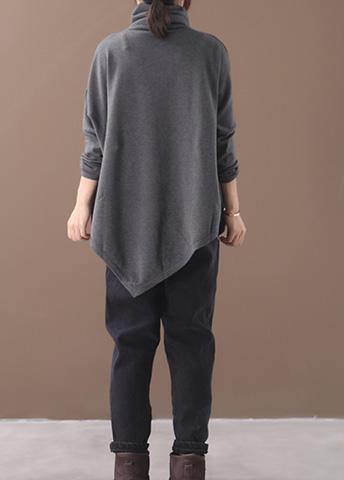 Diy Asymmetric Hem Cotton High Neck Shirts Work Gray Blouse