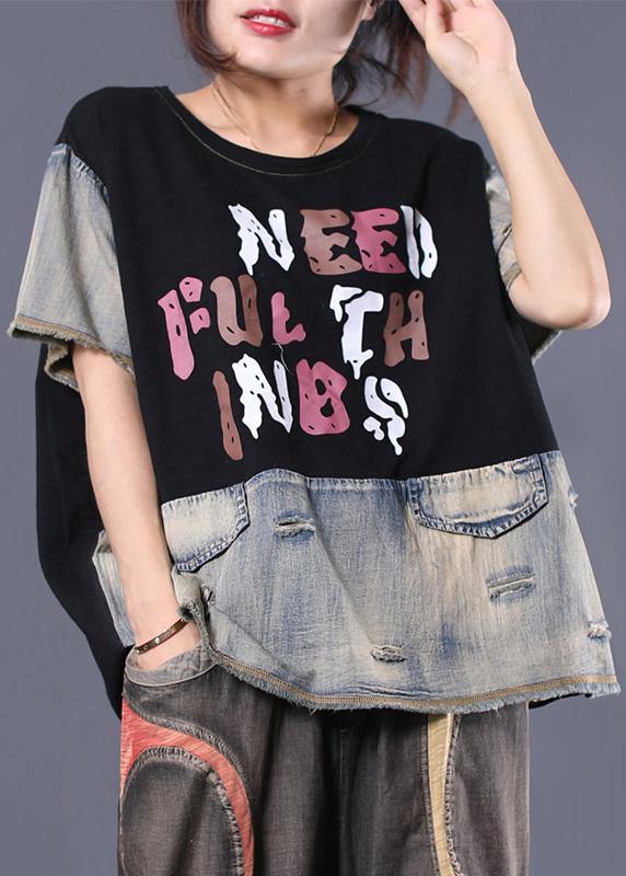 Diy Black Patchwork Cotton Shirts Ripped Short Summer Top