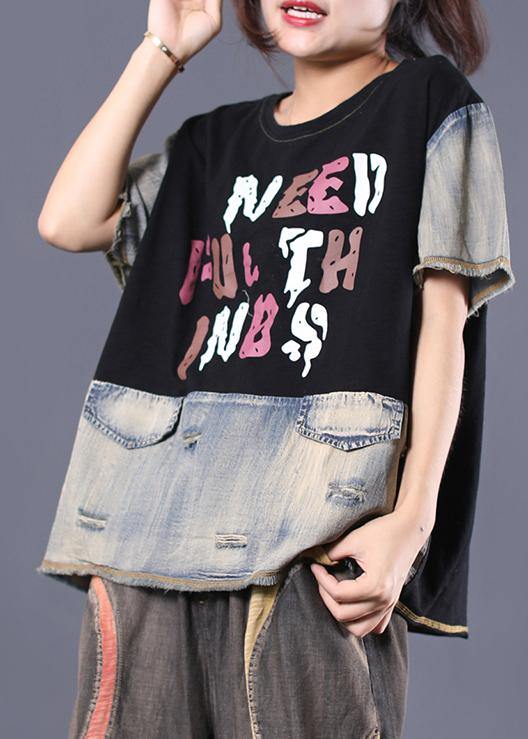 Diy Black Patchwork Cotton Shirts Ripped Short Summer Top