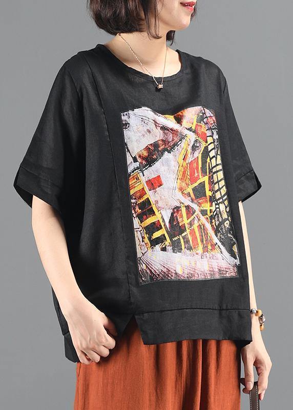 Diy Black Print Crane Tops Inspiration O Neck Patchwork Blouse