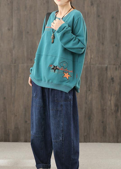 diy blue Cartoon print blouses for women o neck baggy top