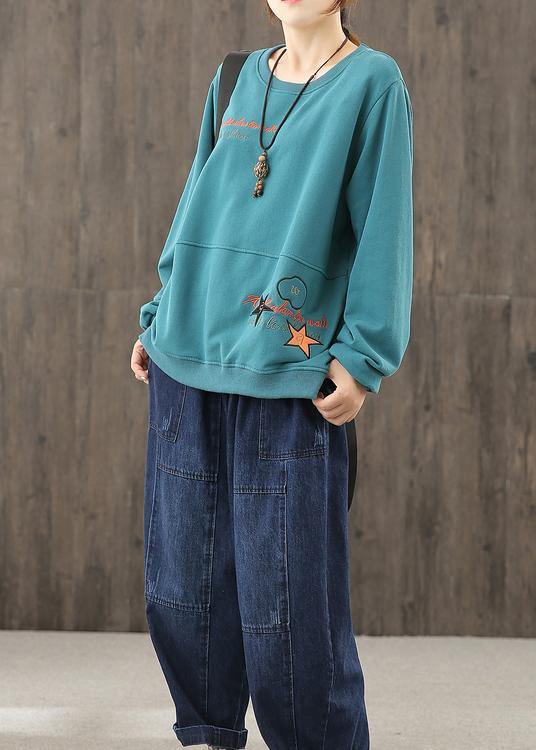 diy blue Cartoon print blouses for women o neck baggy top