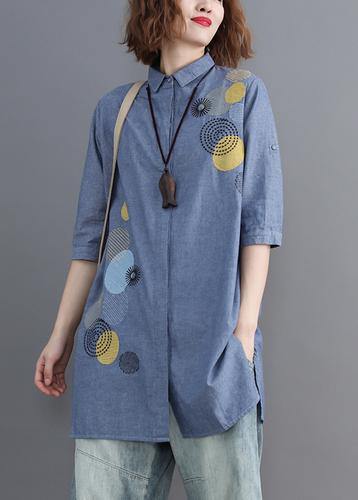 Diy Blue Embroidery Top Silhouette Lapel Midi Shirts