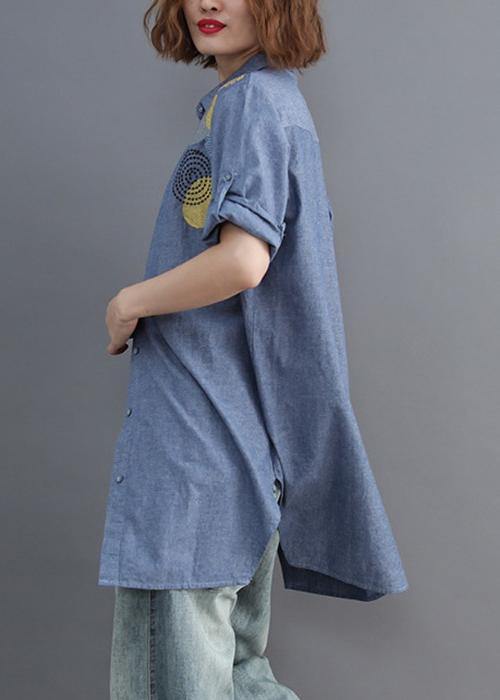 Diy Blue Embroidery Top Silhouette Lapel Midi Shirts