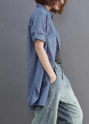 Diy Blue Embroidery Top Silhouette Lapel Midi Shirts