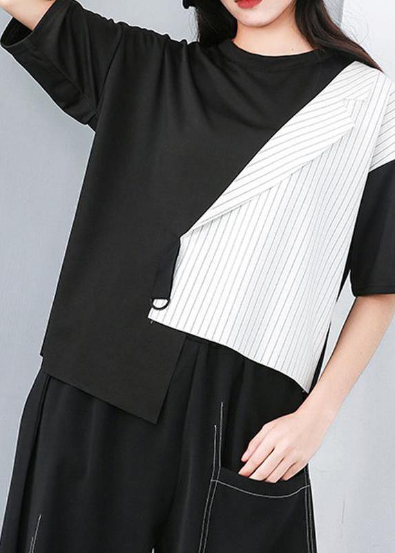 Diy Cotton Crane Tops Pakistani Round Neck Patchwork Striped Irregular Blouse
