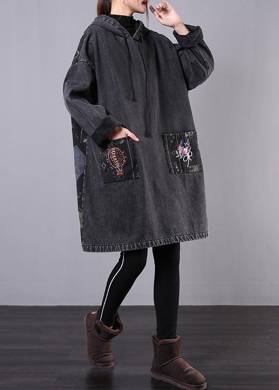 diy denim black embroidery Plus Size casual coats women hooded patchwork jackets