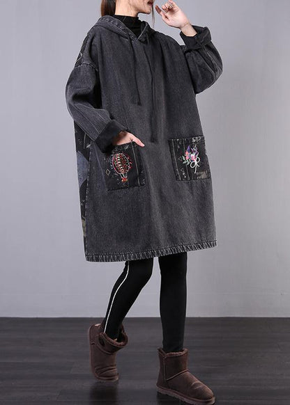 diy denim black embroidery Plus Size casual coats women hooded patchwork jackets