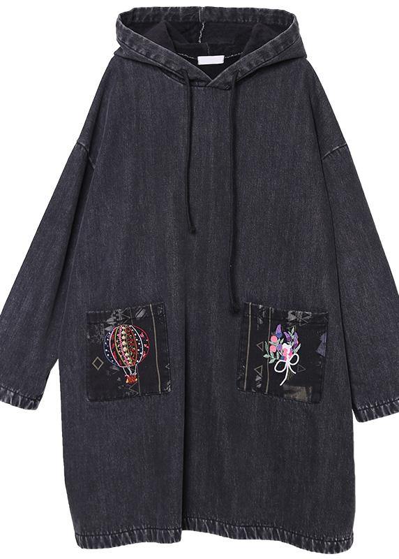 Diy Denim Black Embroidery Coats Hooded Patchwork Jackets