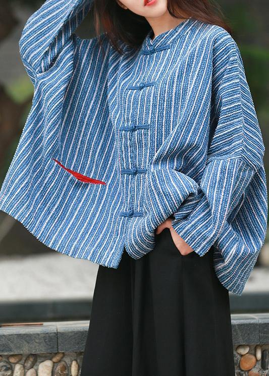 diy denim blue striped clothes For Women Gifts stand collar tops