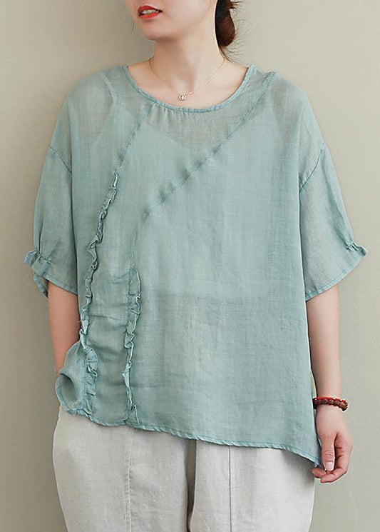 Diy Green Linen Tops O Neck Ruffles Oversized Blouses