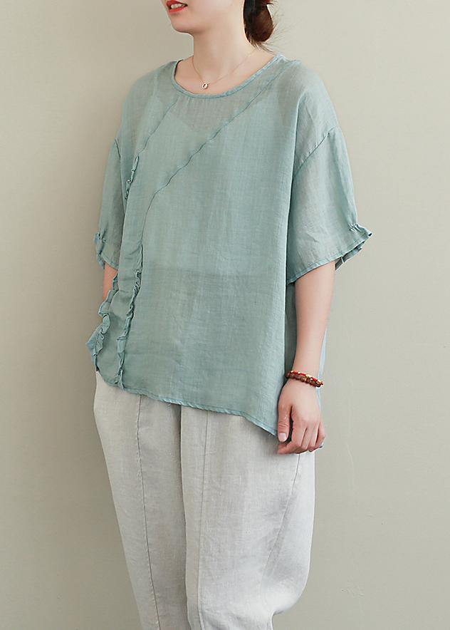 Diy Green Linen Tops O Neck Ruffles Oversized Blouses