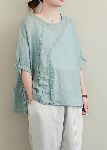 Diy Green Linen Tops O Neck Ruffles Oversized Blouses