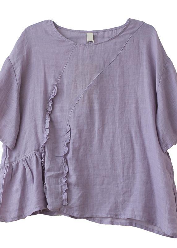 Diy Green Linen Tops O Neck Ruffles Oversized Blouses