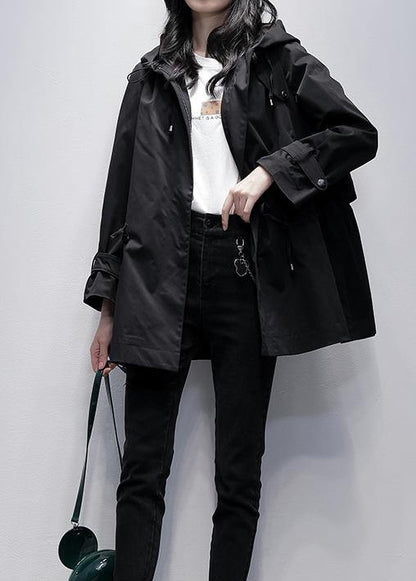 Diy Hooded Drawstring Fine Coat for Woman Black Baggy Outwear
