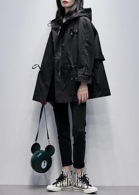 Diy Hooded Drawstring Fine Coat for Woman Black Baggy Outwear
