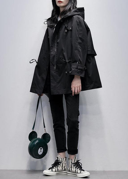 Diy Hooded Drawstring Fine Coat for Woman Black Baggy Outwear