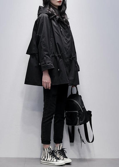 Diy Hooded Drawstring Fine Coat for Woman Black Baggy Outwear