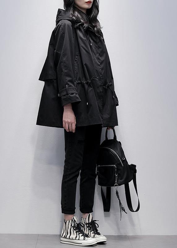 Diy Hooded Drawstring Fine Coat for Woman Black Baggy Outwear