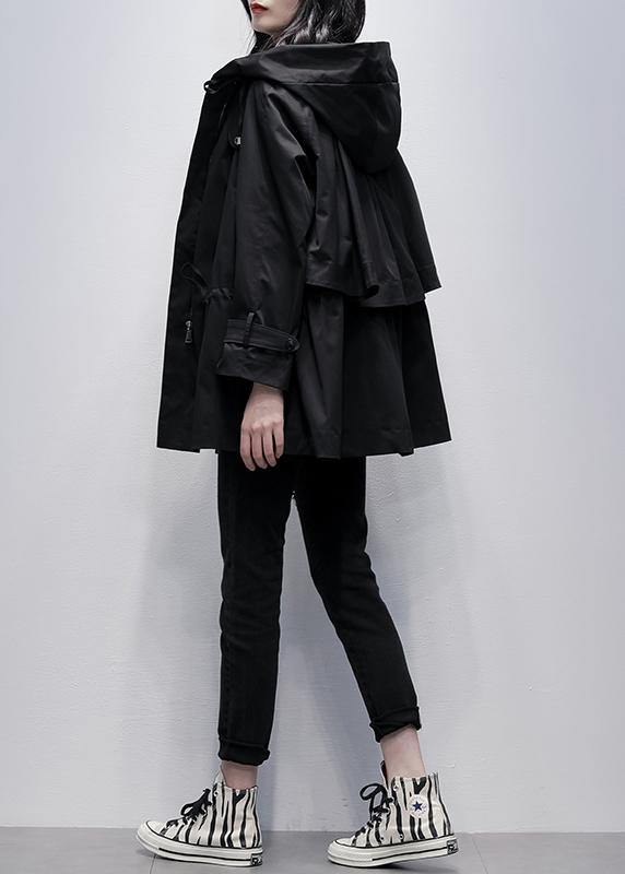 Diy Hooded Drawstring Fine Coat for Woman Black Baggy Outwear